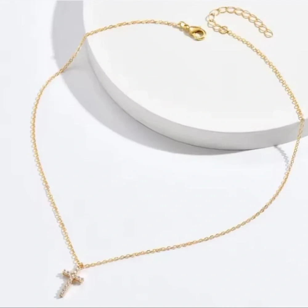 Gold Cubic Zirconia Cross Pendant Necklace for Women - Christian Faith - Picture 5 of 9